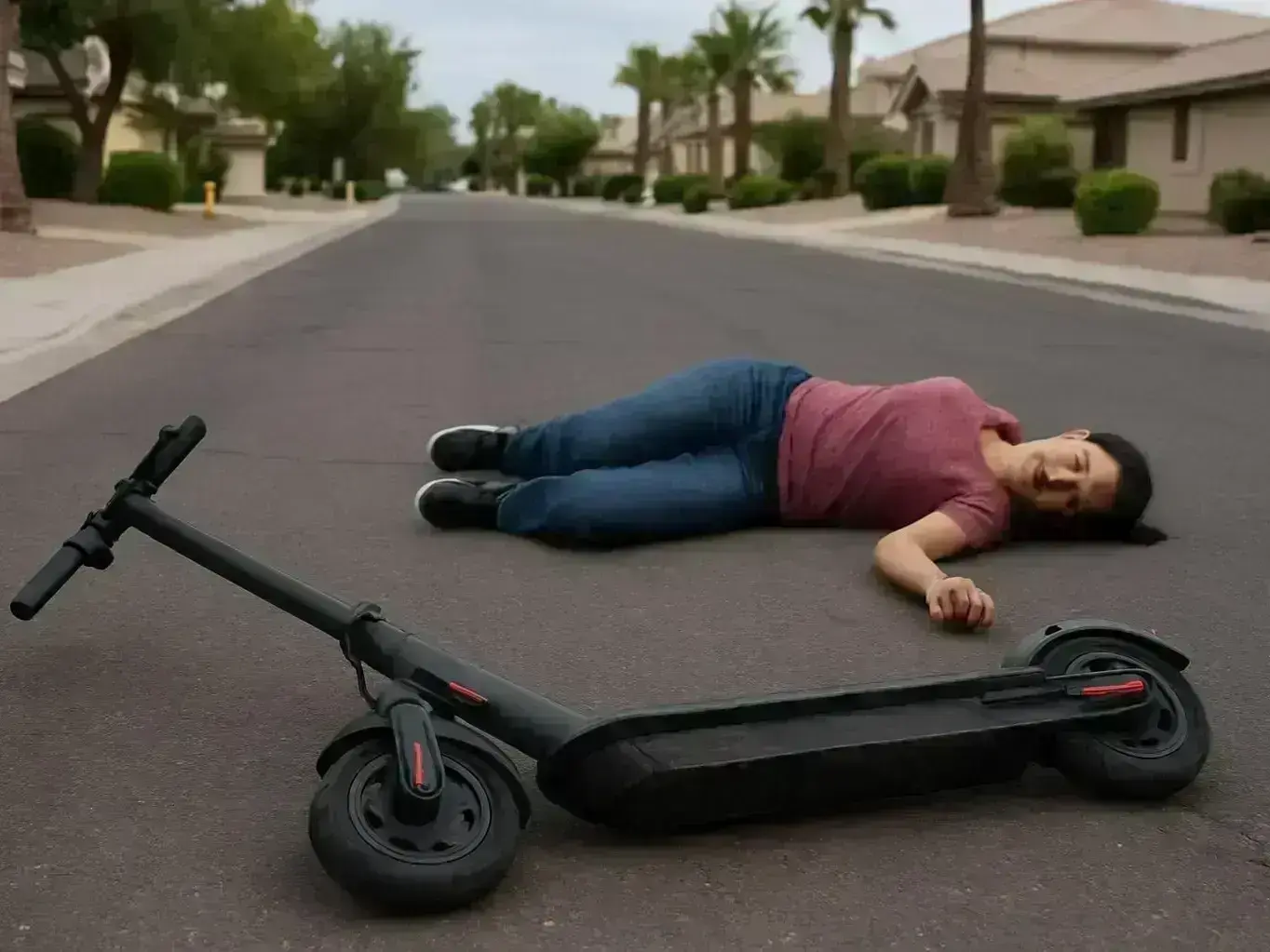 E-scooter accident scene on busy Mesa street with emergency responders